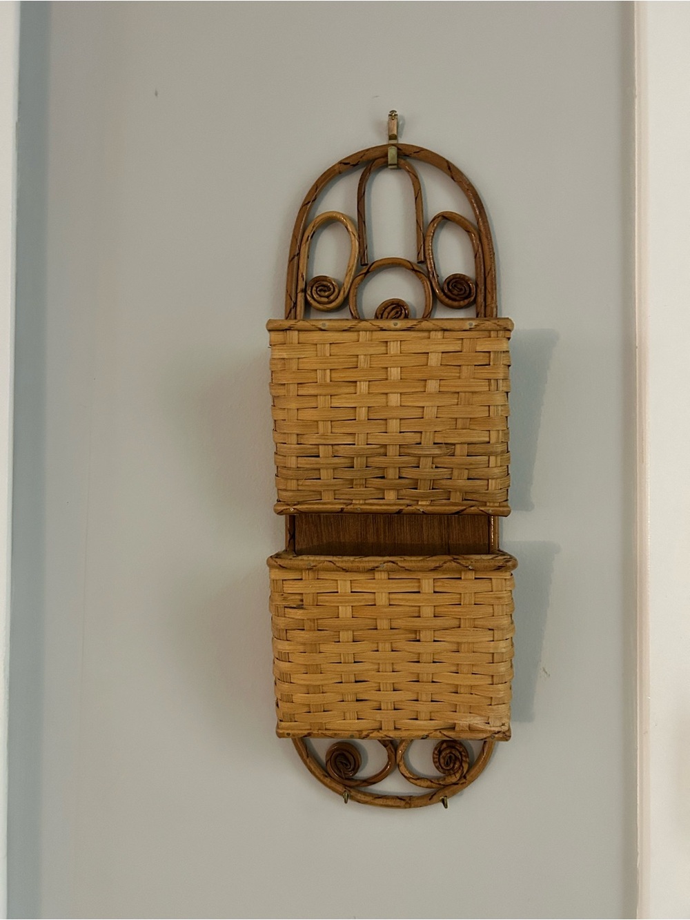 Vintage 1970s Wicker Wall Pocket Organizer - Boho Rattan Mail Sorter